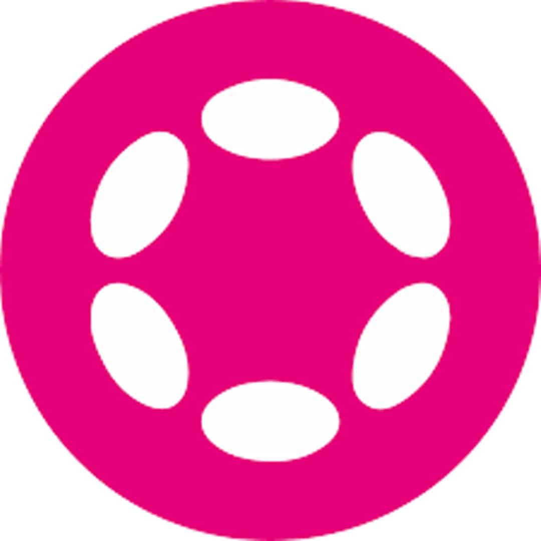 Logo-da-Polkadot:-círculo-rosa-magenta-com-seis-elipses-brancas-dispostas-em-formato-hexagonal.