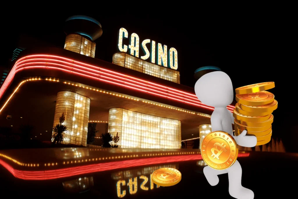 A imagem apresenta um cassino em frente a um plano de fundo preto.
