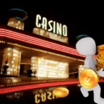 A imagem apresenta um cassino em frente a um plano de fundo preto.