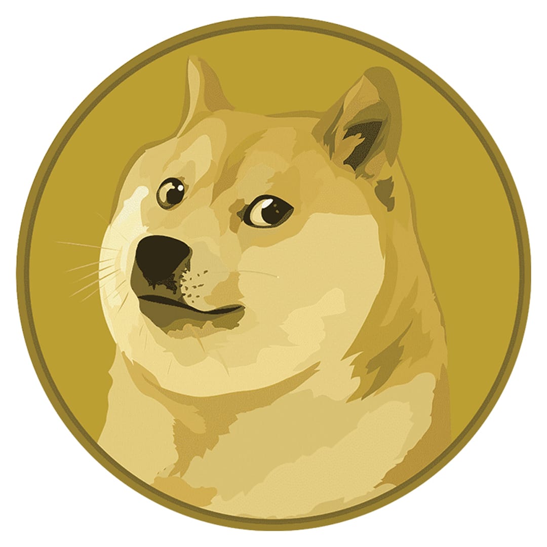 Logo-do-Dogecoin:-retrato-de-um-cachorro-Shiba-Inu-sorridente-em-tons-dourados-dentro-de-um-círculo.