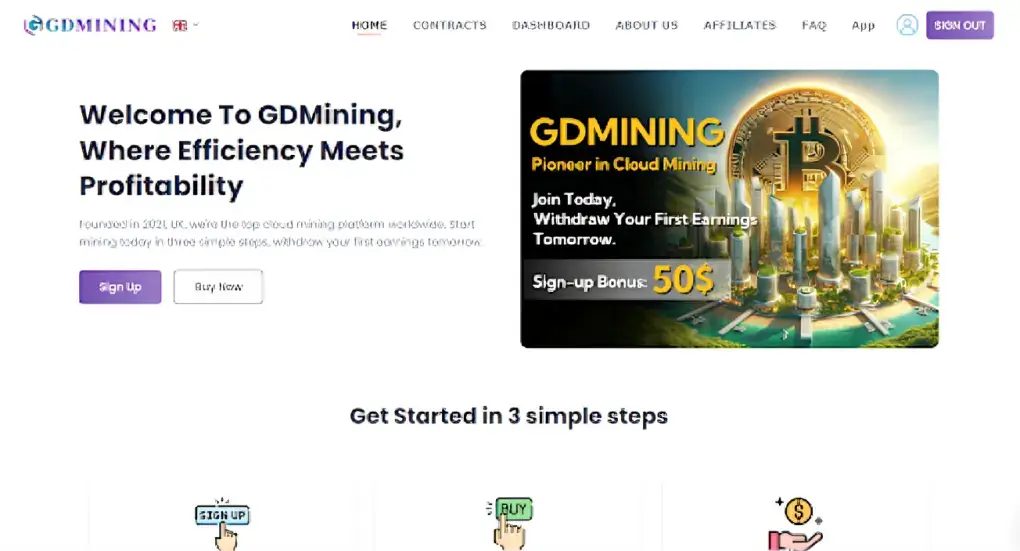 Homepage da GDMining, com cabeçalho, título de boas-vindas e banner promocional à direita mostrando Bitcoin dourado e cidade futurista. Abaixo, três ícones ilustram os passos para começar: cadastro, compra e lucros.