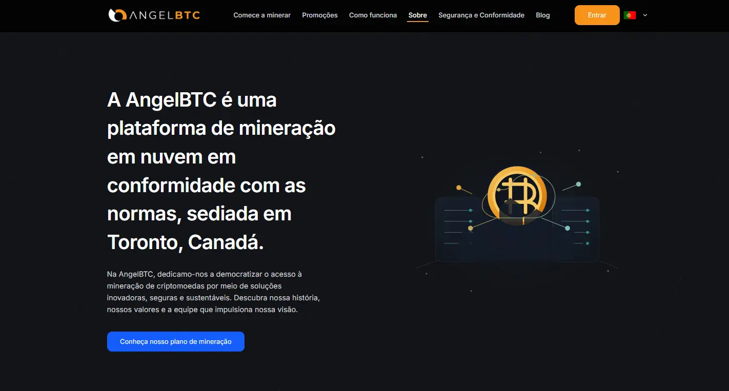Captura de tela da página "Sobre" da AngelBTC mostrando logotipo, menu de navegação em português e descrição da plataforma como serviço de cloud mining sediado em Toronto