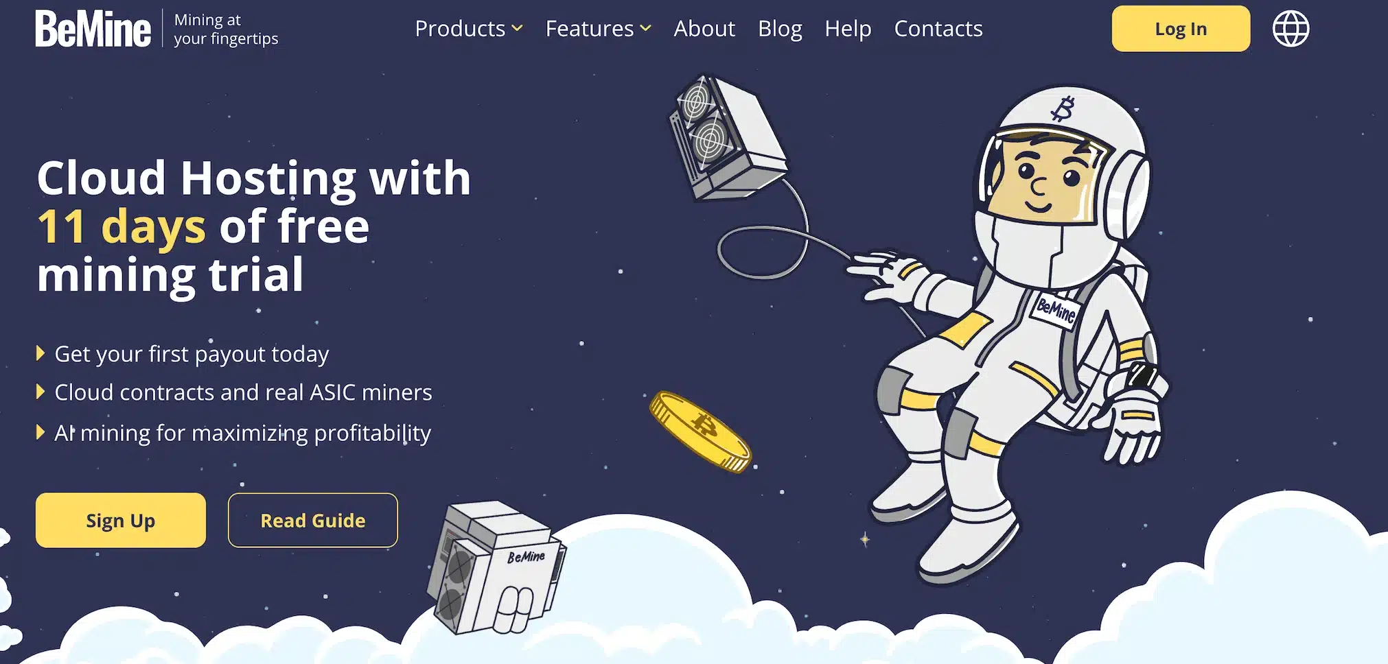 Homepage da BeMine com fundo azul escuro e nuvens brancas. Ilustração mostra astronauta em traje branco e dourado flutuando no espaço, junto a mineradores ASIC e Bitcoin. Menu superior e botões de cadastro e guia abaixo.