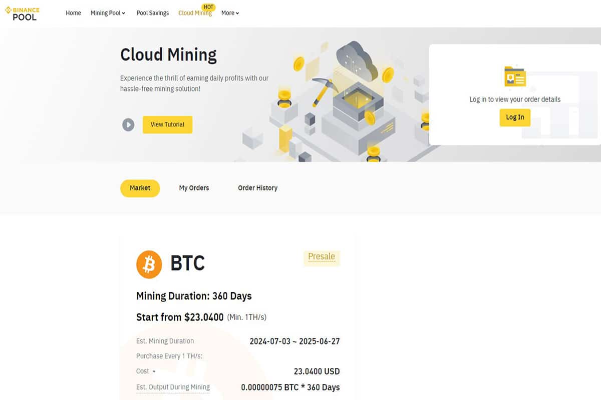 Interface da Binance Pool mostrando página de Cloud Mining com menu superior, ilustração isométrica de mineração com moedas, nuvem e picaretas. Abaixo, detalhes do contrato BTC: 360 dias, início em $23,04 por TH/s.