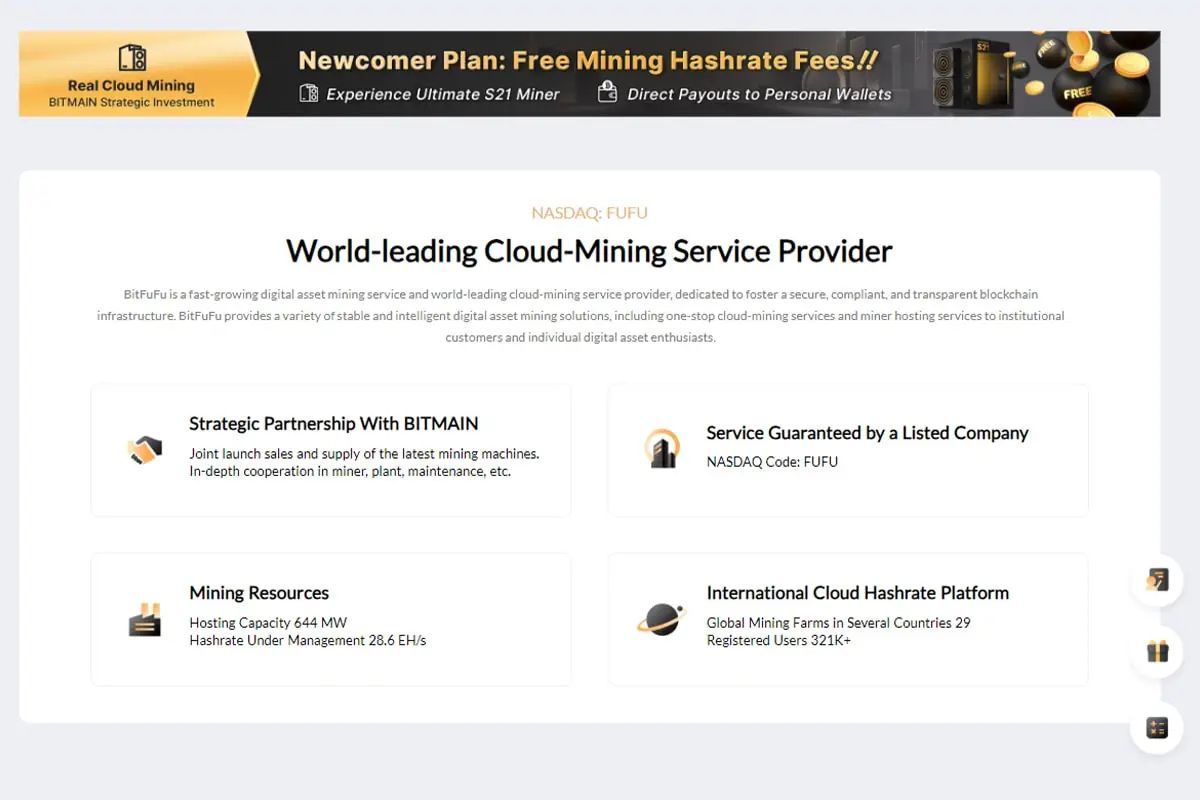 Página da BitFuFu (NASDAQ: FUFU) com banner promocional destacando mineração gratuita. Seção principal apresenta título de liderança em mineração em nuvem e quatro quadros com ícones mostrando parcerias, recursos, capacidade e alcance global.
