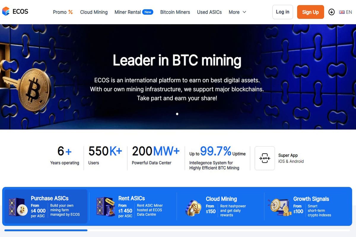 Interface da plataforma ECOS de mineração Bitcoin, com menu superior, banner azul escuro e Bitcoin dourado. Exibe estatísticas e quatro serviços: compra e aluguel de ASICs, mineração em nuvem e sinais de crescimento.