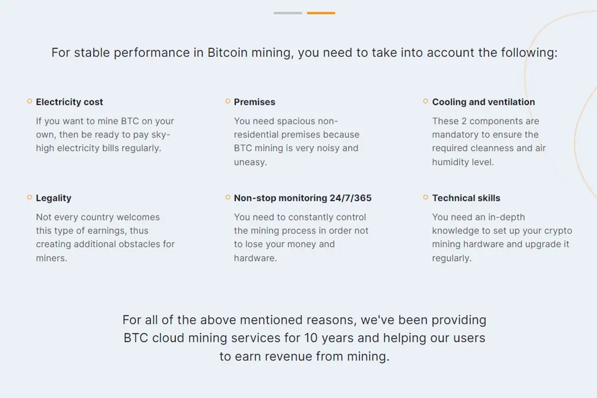 Página com fundo claro listando seis requisitos para mineração estável de Bitcoin: custo de eletricidade, instalações, resfriamento/ventilação, legalidade, monitoramento 24/7 e habilidades técnicas. Cada item tem descrição detalhada.