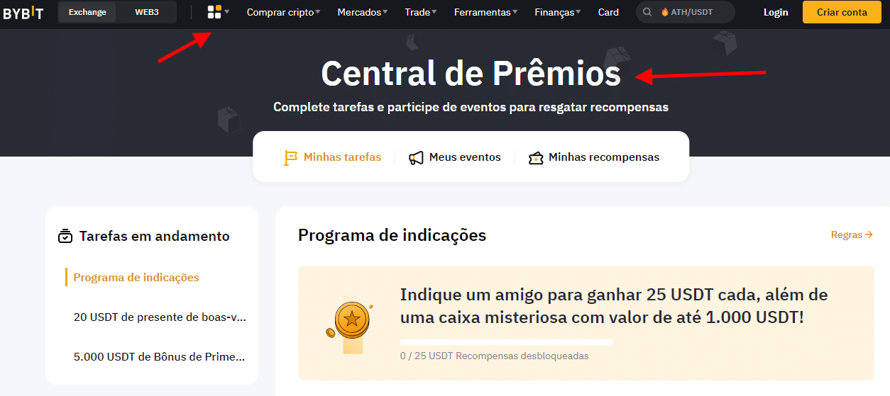 Exibição da página de Central de Prêmios do website oficial da Bybit.