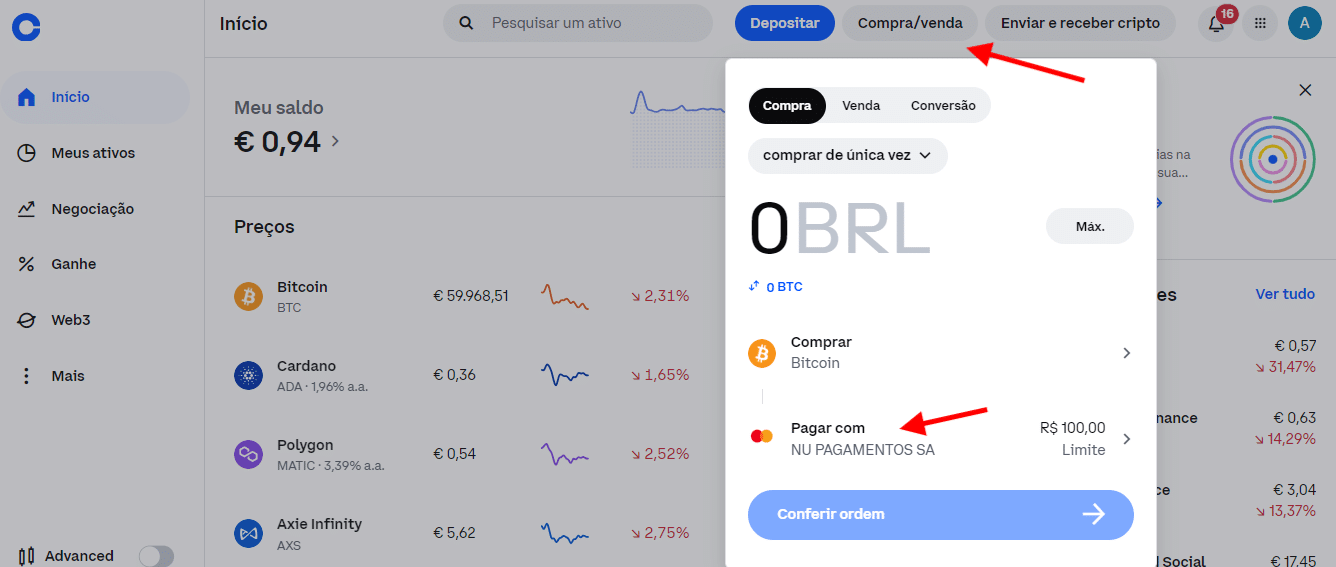 como comprar Bitcoin com cartão de crédito: Coinbase