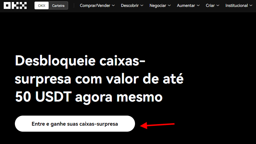 Página inicial do site da OKX apresentando o anúncio de ganhos de até 50 USDT.