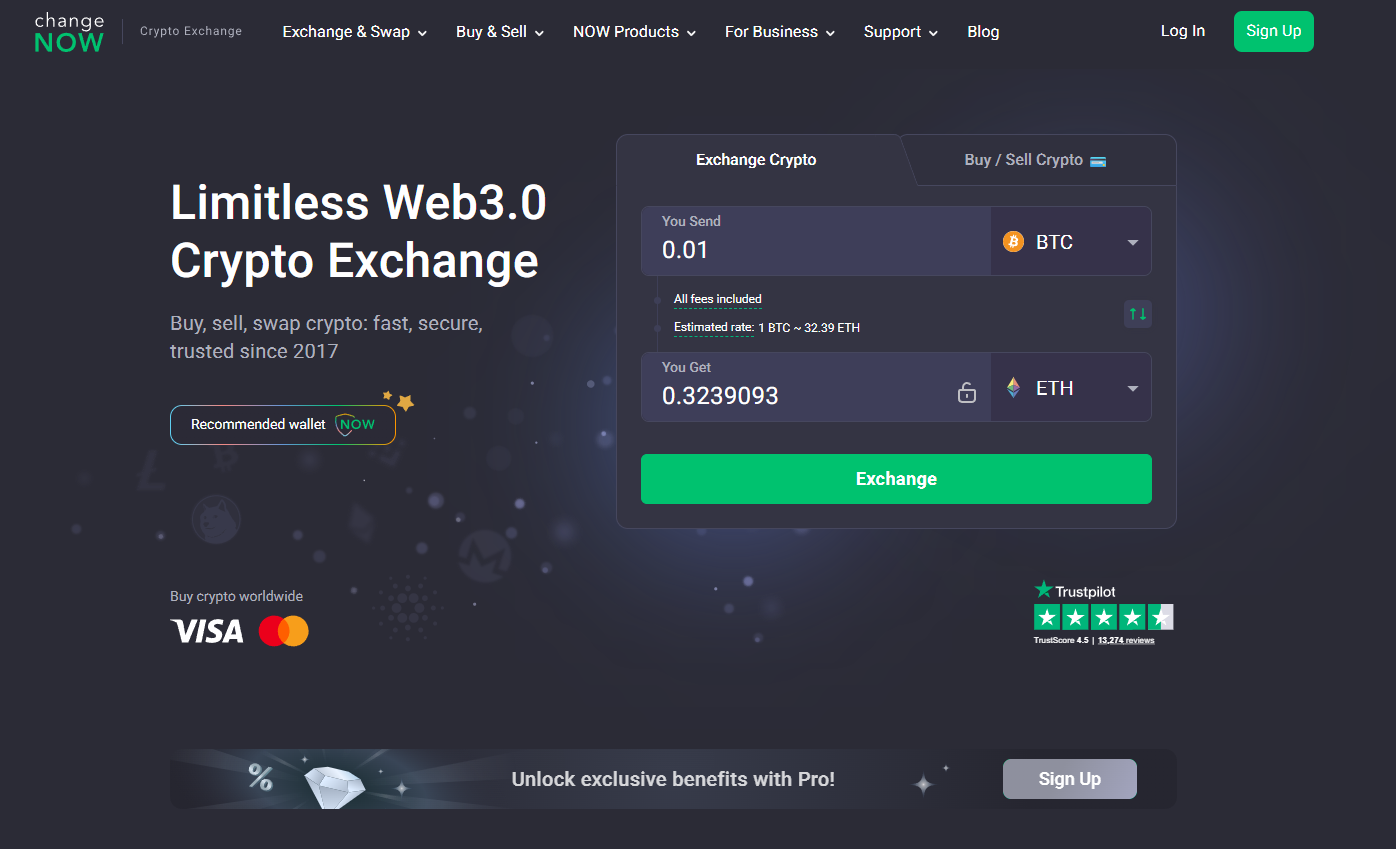 Interface da plataforma ChangeNOW mostrando ferramenta de troca de Bitcoin para Ethereum com taxa estimada e botão de exchange