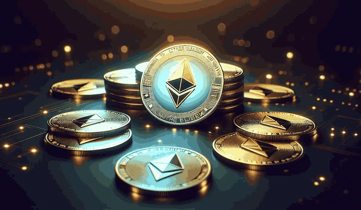 Imagem que exibe moedas douradas cunhadas com a logomarca do Ethereum.