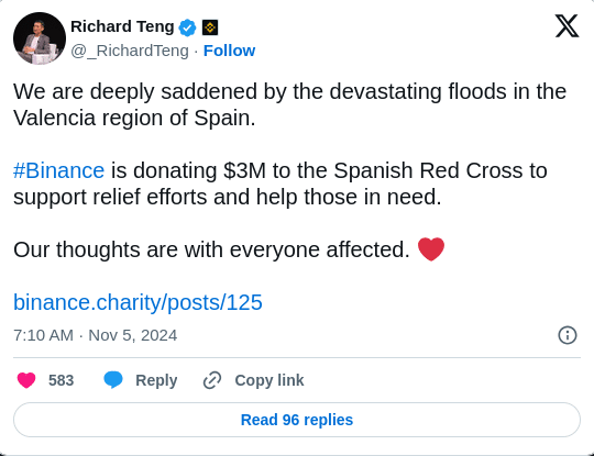 Tweet sobre doação da Binance para a Red Cross.