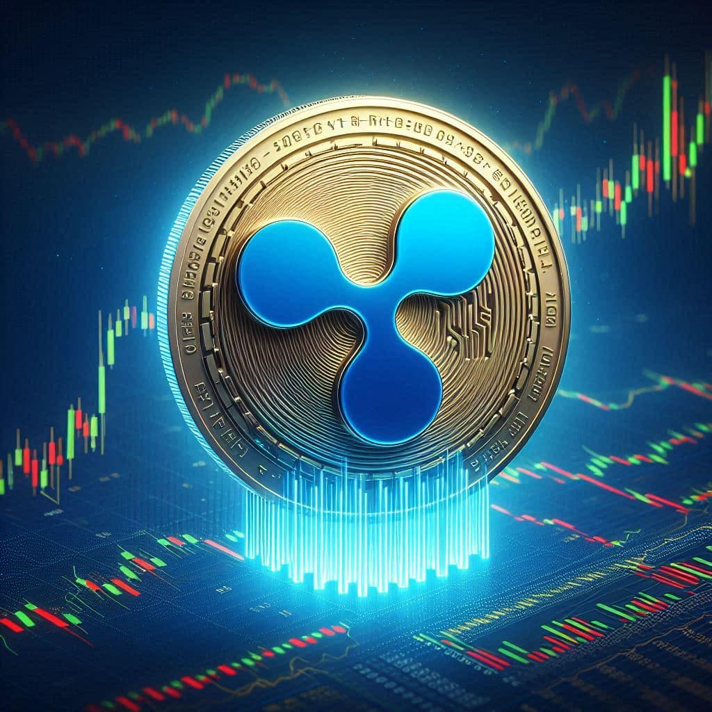 Logo da Ripple com candlesticks ao fundo.