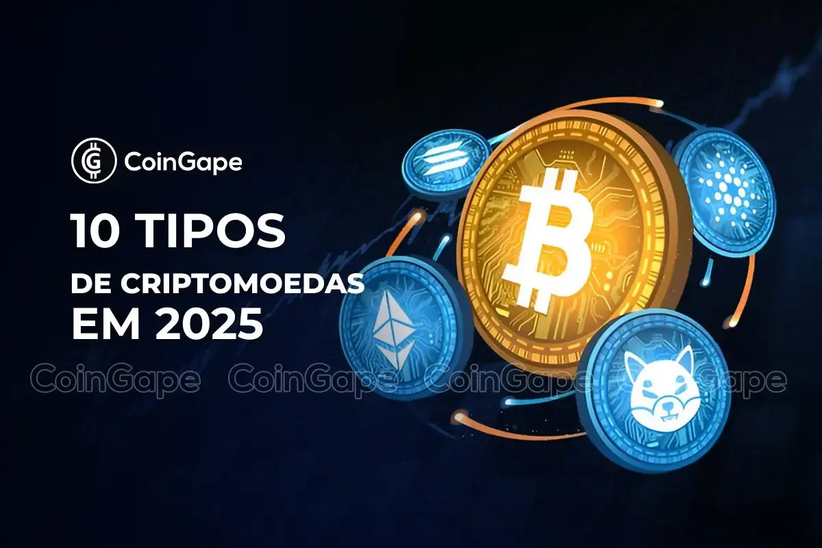 Moedas digitais flutuando em fundo escuro, com Bitcoin dourado ao centro e outras criptomoedas em azul, incluindo Ethereum e tokens meme.