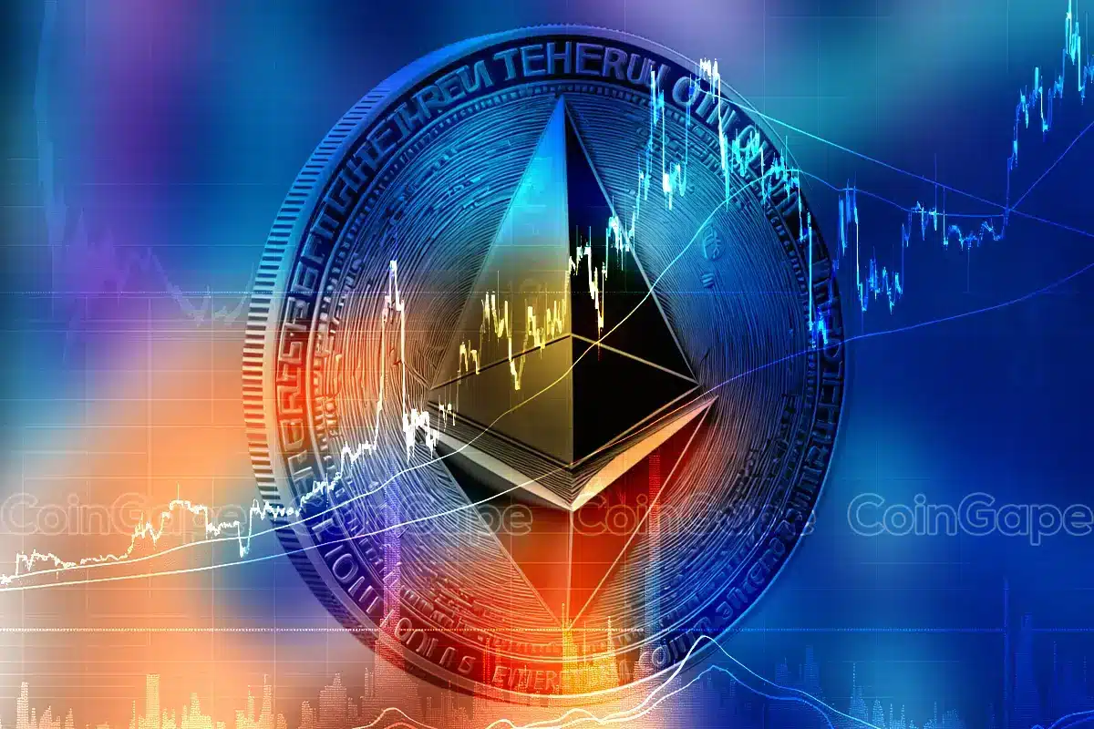 Moeda do Ethereum com gráfico de preços sobreposto em fundo gradiente azul e laranja.