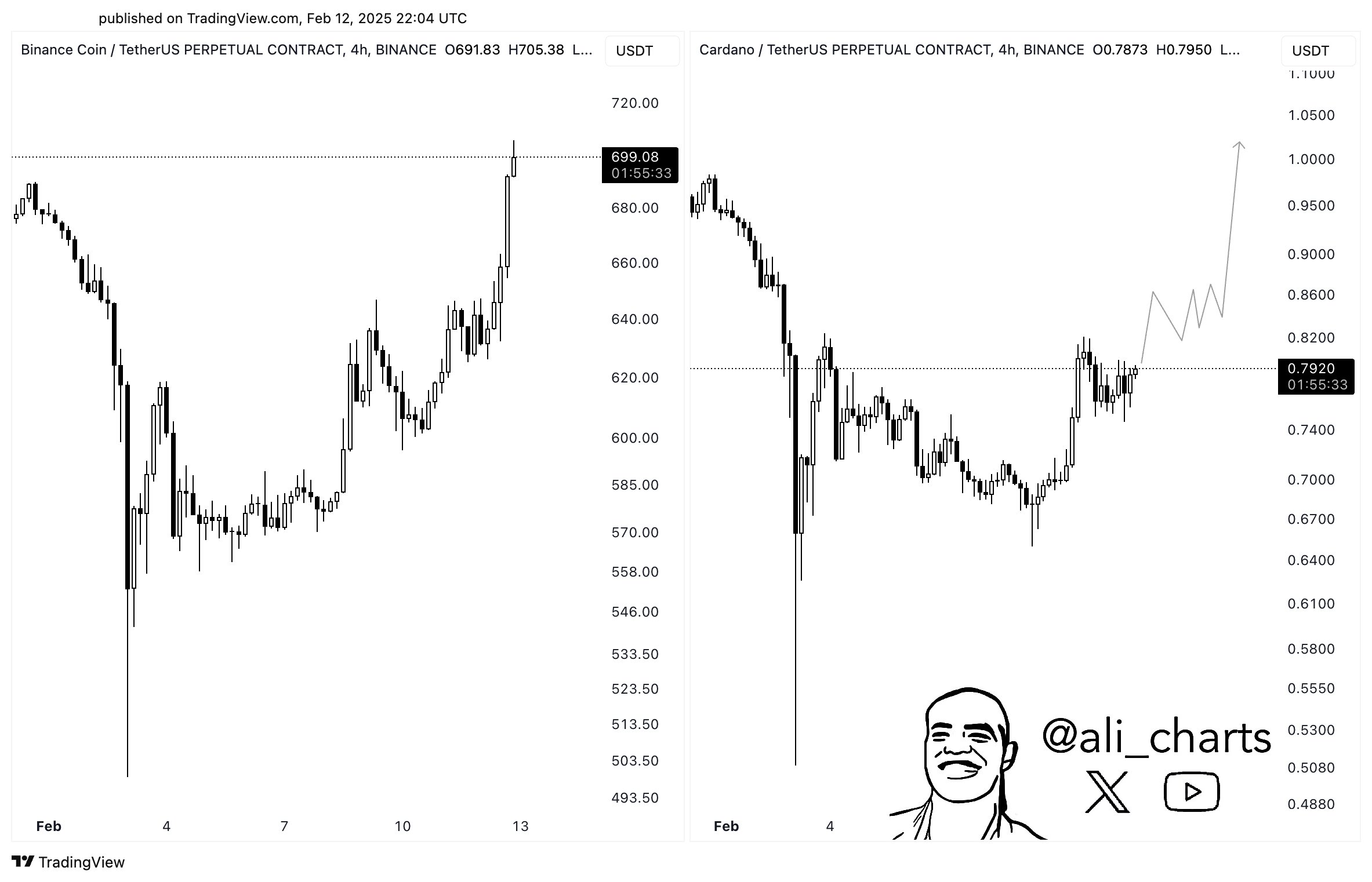 Alt text: "Gráfico de velas de 4 horas mostrando a evolução dos preços de BNB e ADA em fevereiro de 2025.