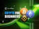 Logotipos do Bitcoin, Ethereum e Binance sobre um gráfico de trading em verde com uma seta ascendente e o texto 'Crypto for beginners'.