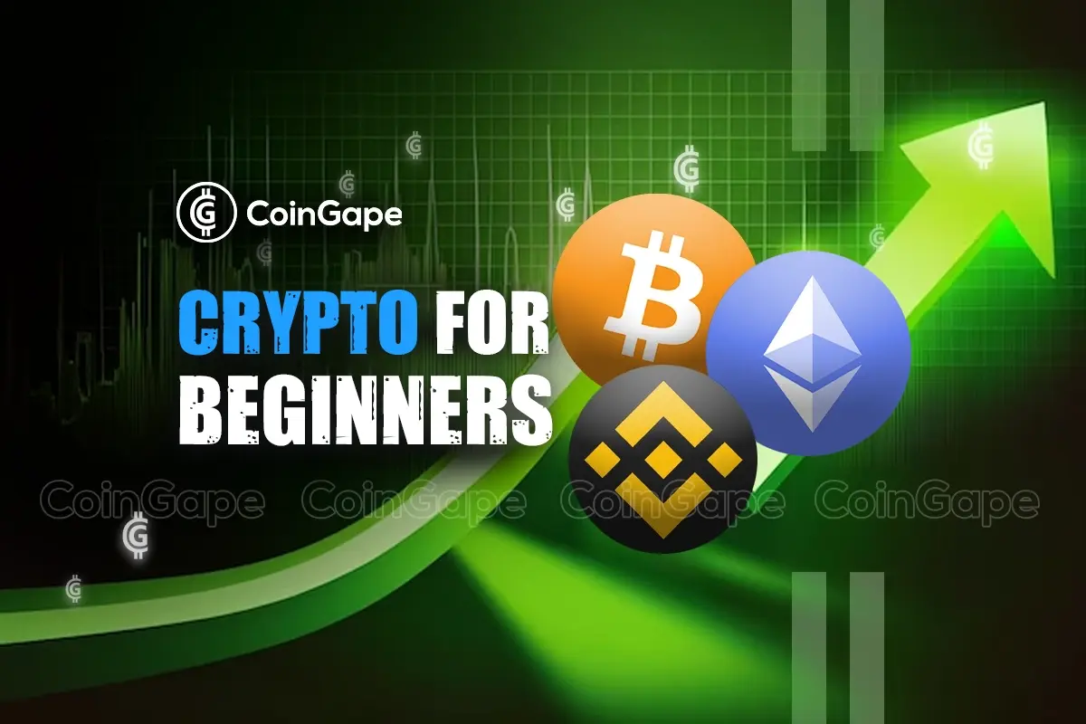 Logotipos do Bitcoin, Ethereum e Binance sobre um gráfico de trading em verde com uma seta ascendente e o texto 'Crypto for beginners'.