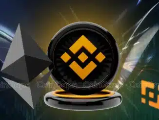 Logotipos da Binance (BNB) e Ethereum (ETH) sobre fundo de gráfico de mercado de criptomoedas.