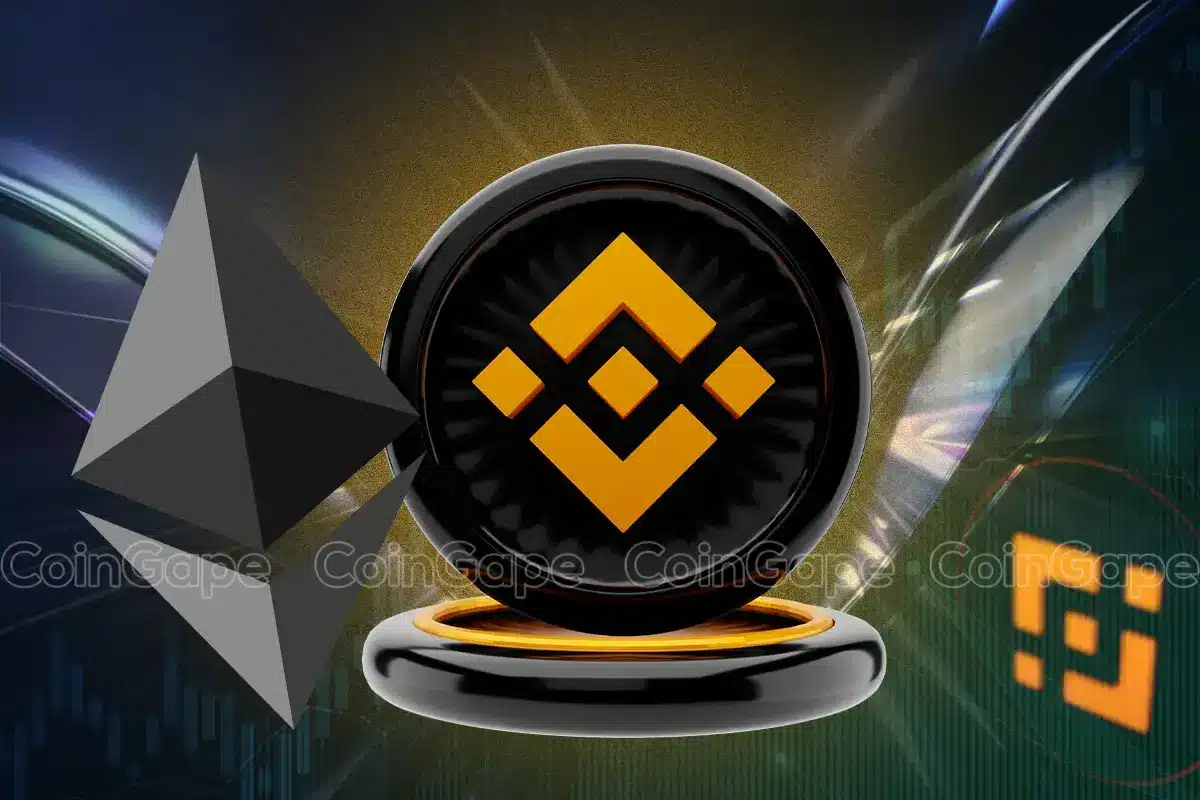 Logotipos da Binance (BNB) e Ethereum (ETH) sobre fundo de gráfico de mercado de criptomoedas.