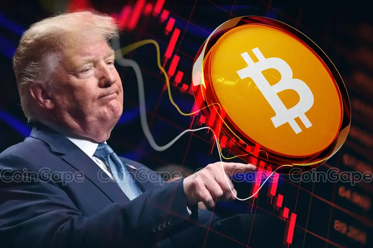 Montagem ilustrativa mostrando Donald Trump ao lado de uma moeda de Bitcoin em queda.