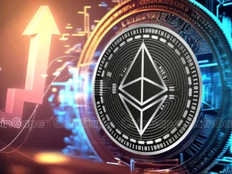 Moeda de Ethereum em primeiro plano com seta ascendente e gráficos digitais ao fundo.