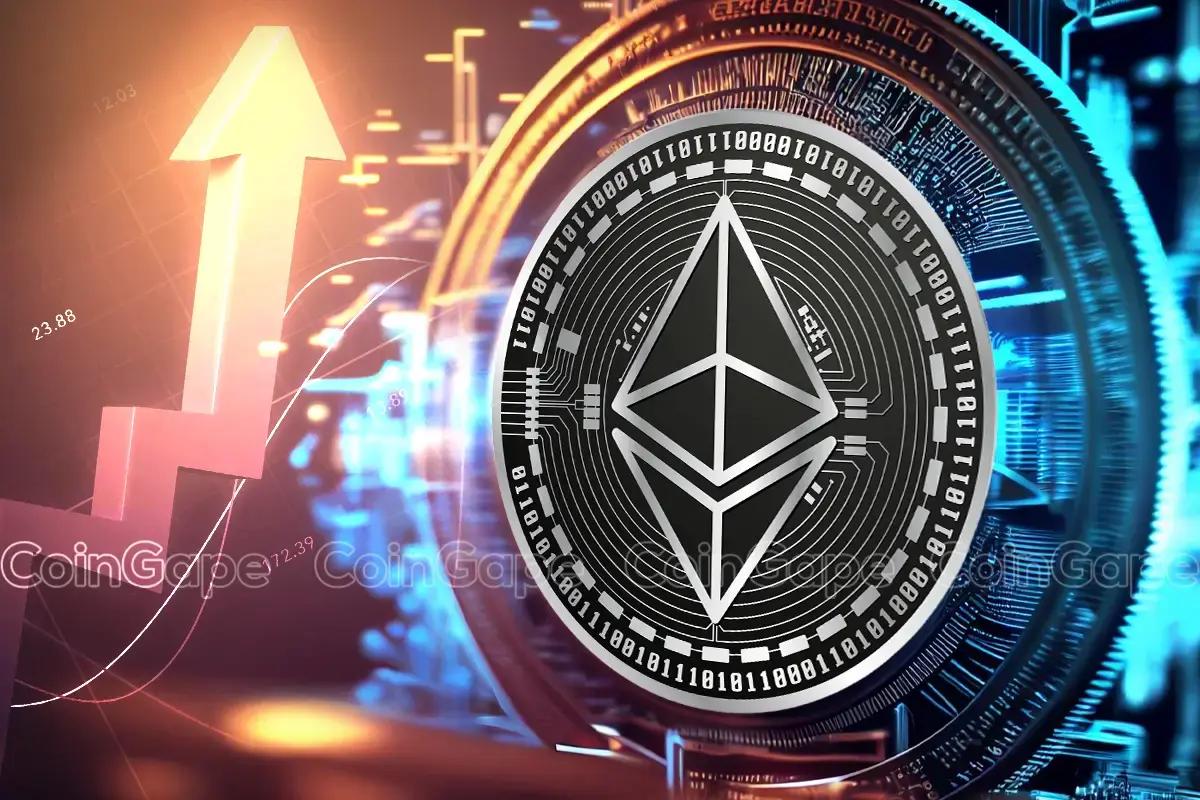 Moeda de Ethereum em primeiro plano com seta ascendente e gráficos digitais ao fundo.