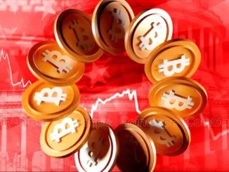 Moedas douradas com o símbolo do Bitcoin dispostas em círculo sobre fundo vermelho com gráfico de preço em queda.