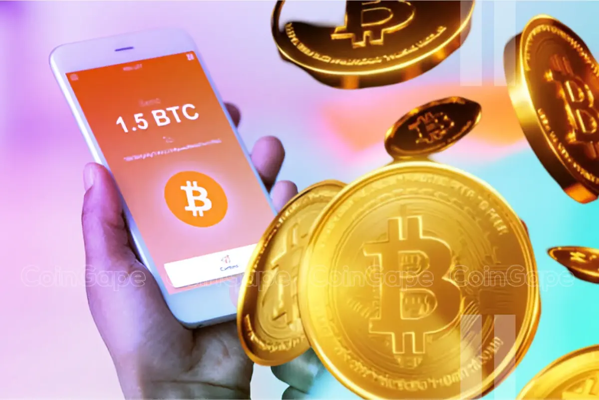 Smartphone mostrando tela com saldo de 1.5 BTC e logo do Bitcoin, cercado por moedas Bitcoin douradas em fundo gradiente roxo e azul.