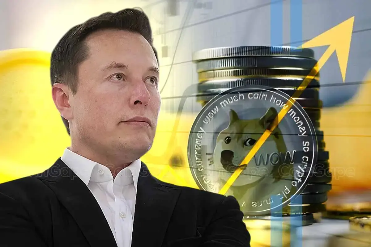 Montagem com Elon Musk em terno preto e camisa branca ao lado de uma representação do Dogecoin com uma seta amarela ascendente.