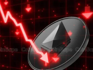 Representação gráfica de uma moeda de Ethereum com seta vermelha de queda indicando movimento de baixa no mercado.