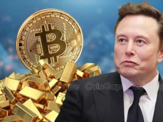 Montagem com uma moeda física de Bitcoin dourada sobre barras de ouro, ao lado de uma foto de Elon Musk usando terno escuro e gravata.