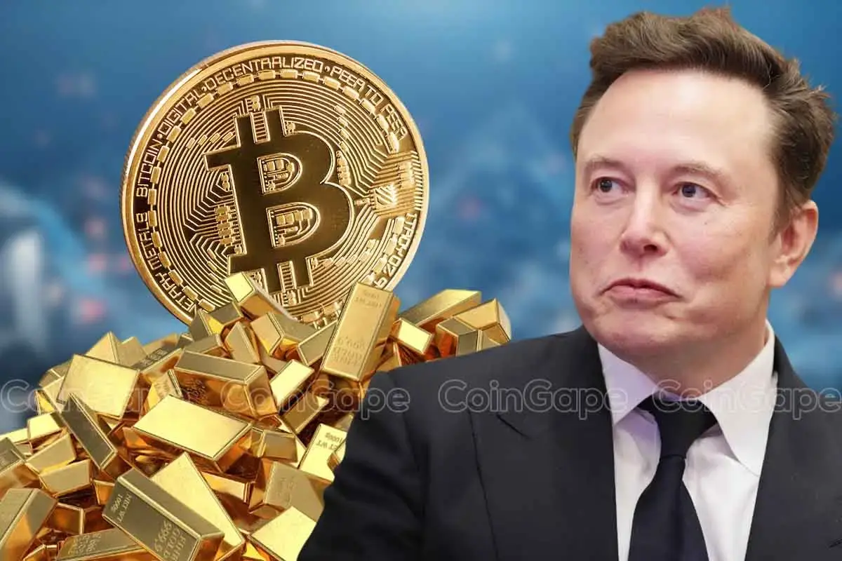 Montagem com uma moeda física de Bitcoin dourada sobre barras de ouro, ao lado de uma foto de Elon Musk usando terno escuro e gravata.