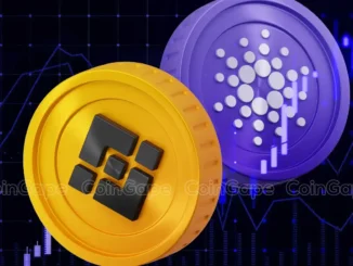 Representação 3D de duas moedas: uma dourada com o logotipo da Binance (BNB) e uma roxa com o símbolo do Cardano (ADA), sobrepostas a um gráfico de análise técnica em tons de azul.