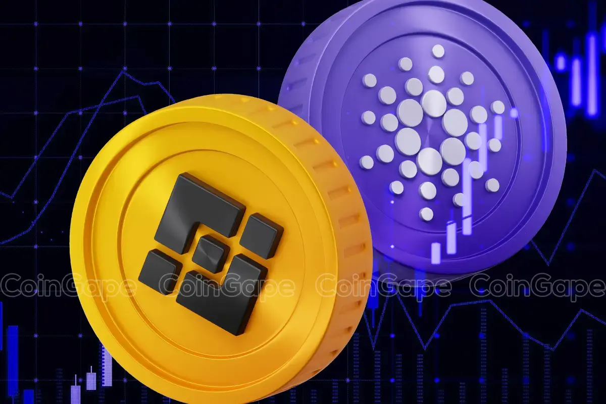 Representação 3D de duas moedas: uma dourada com o logotipo da Binance (BNB) e uma roxa com o símbolo do Cardano (ADA), sobrepostas a um gráfico de análise técnica em tons de azul.