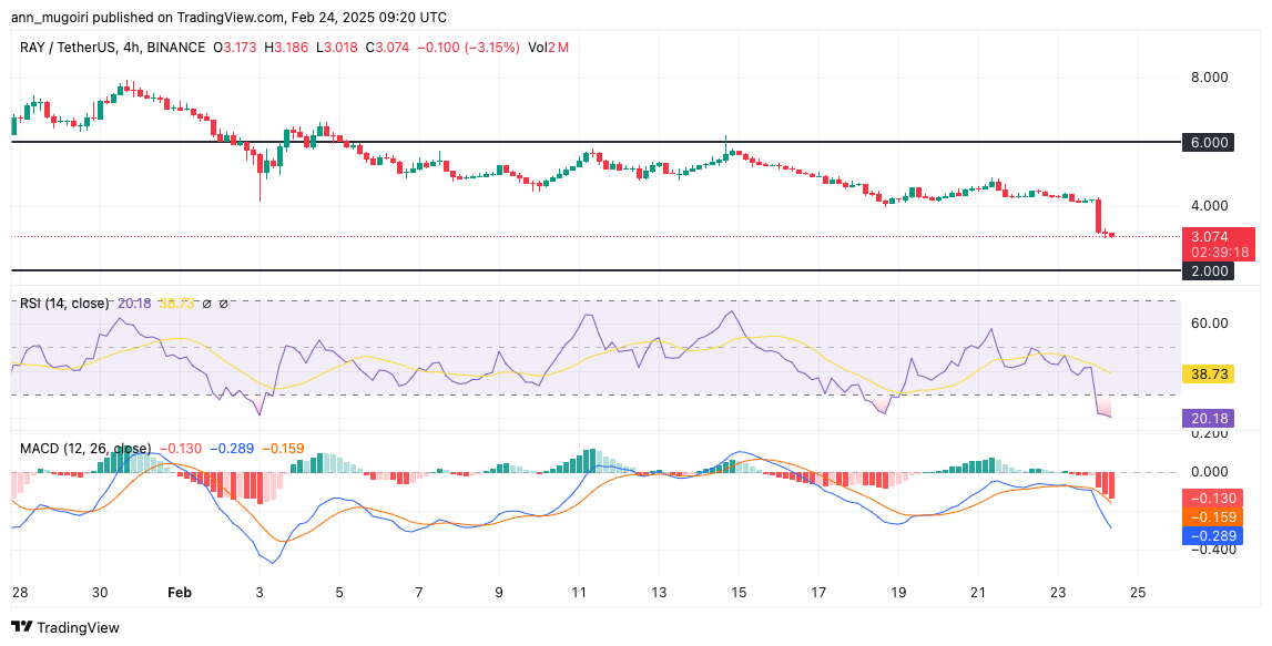 Gráfico do preço do RAY/USDT na Binance mostrando forte queda com RSI e MACD negativos.