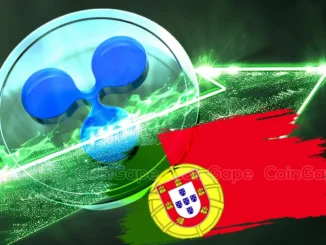 Logo da Ripple em azul sobre fundo prateado sobreposto à bandeira de Portugal com efeitos de luz verde.