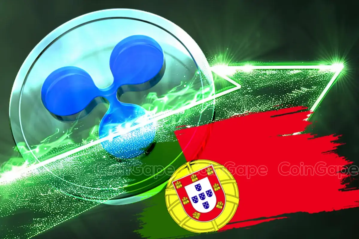 Logo da Ripple em azul sobre fundo prateado sobreposto à bandeira de Portugal com efeitos de luz verde.