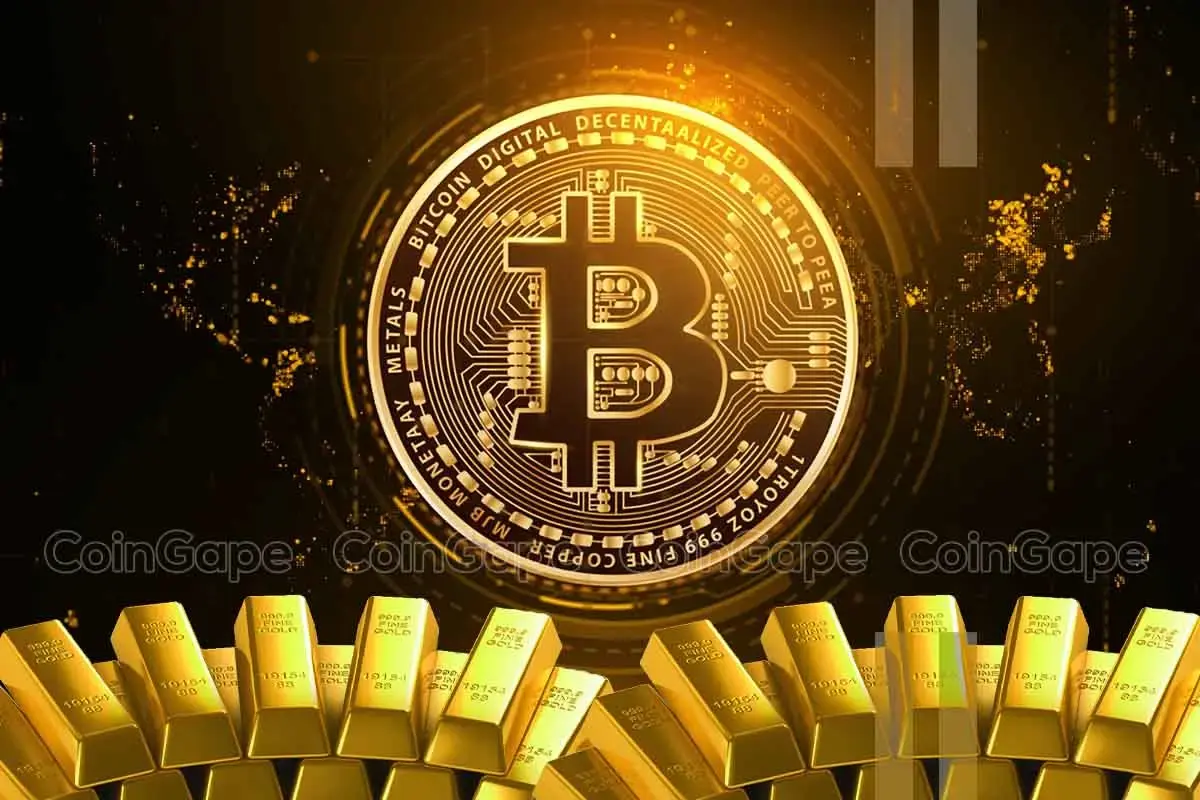 Montagem com moeda Bitcoin dourada brilhante sobre barras de ouro empilhadas.