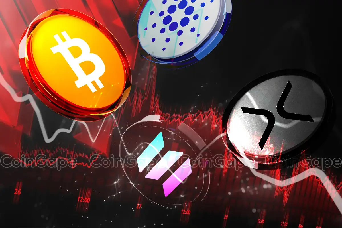 Imagem conceitual mostrando os logotipos de Bitcoin, Cardano, Solana e XRP sobre um fundo escuro com gráficos em vermelho.