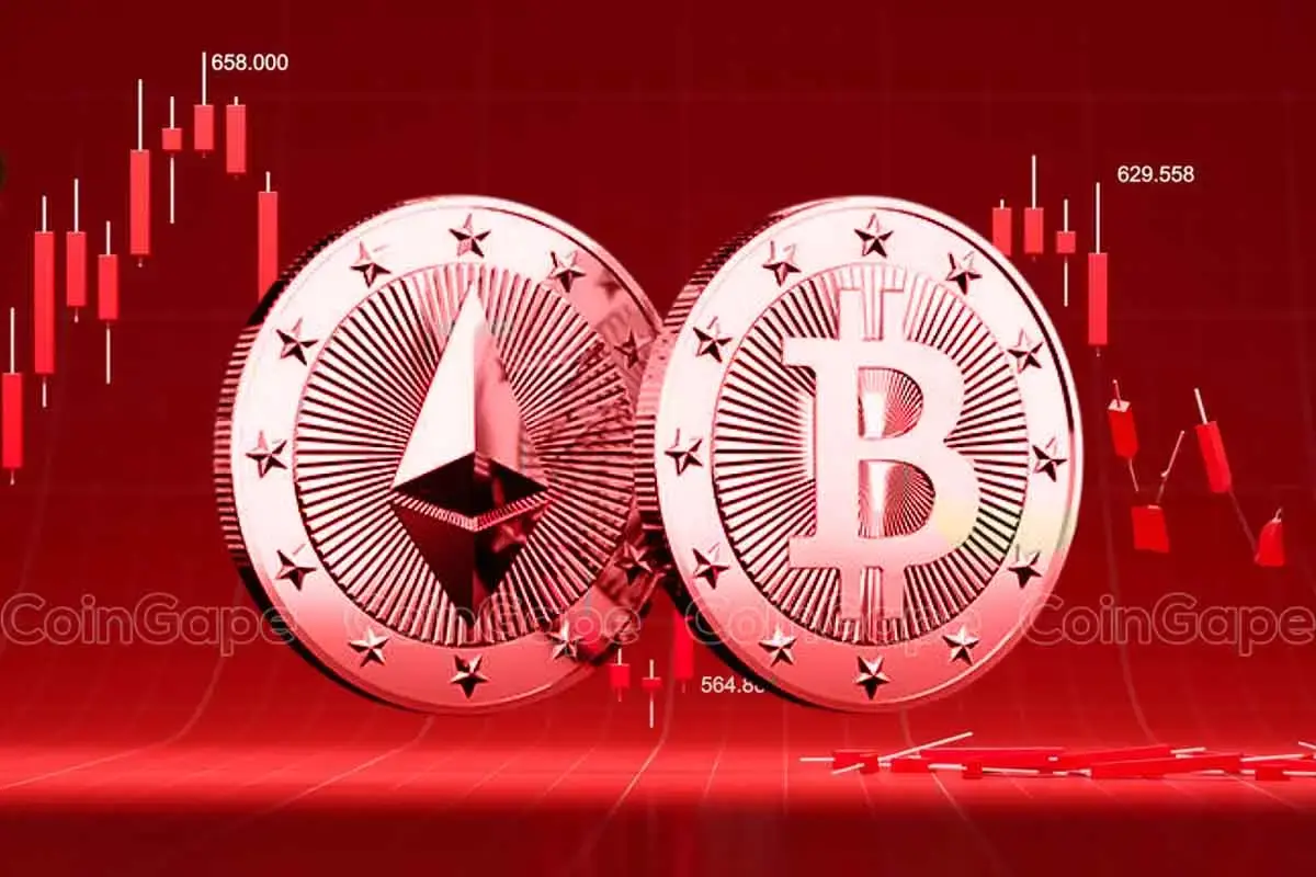 Moedas físicas de Bitcoin e Ethereum em tom vermelho com gráfico candlestick descendente ao fundo.