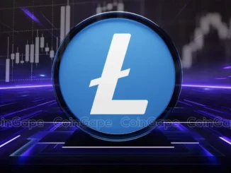 Logo do Litecoin (LTC) em círculo azul sobre fundo de gráficos de negociação.