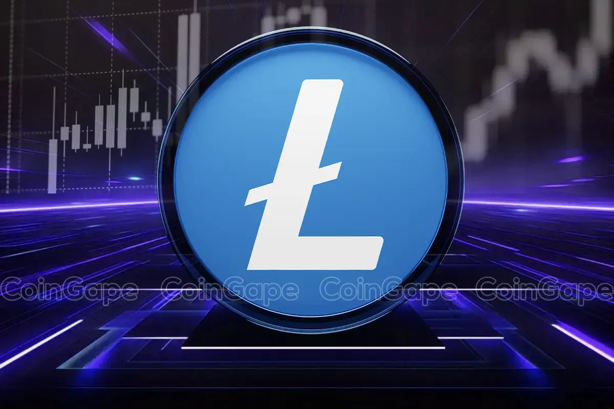 Logo do Litecoin (LTC) em círculo azul sobre fundo de gráficos de negociação.