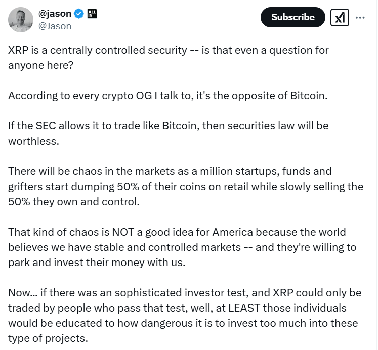 Captura de tela de uma sequência de tweets do usuário @jason, com foto de perfil verificada, discutindo o status do XRP como um título controlado centralmente.