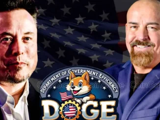 Montagem com fotos de Elon Musk e John Deaton ao lado do logotipo do Departamento de Eficiência Governamental (DOGE), que apresenta uma mascote em forma de cachorro Shiba Inu com bandeira americana.