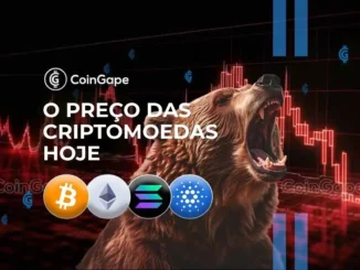 Imagem de um urso rugindo com gráficos de preços em queda e logos de Bitcoin, Ethereum, Solana e Cardano, representando o mercado em baixa de criptomoedas.