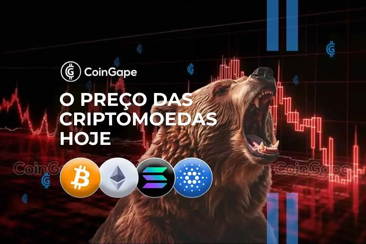 Imagem de um urso rugindo com gráficos de preços em queda e logos de Bitcoin, Ethereum, Solana e Cardano, representando o mercado em baixa de criptomoedas.