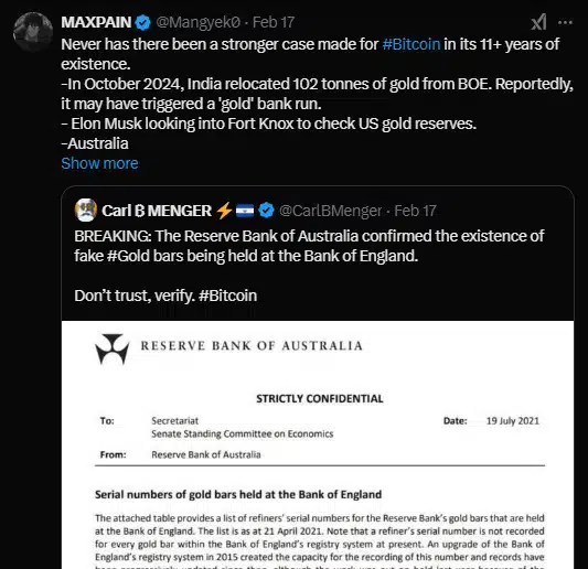 Tweet do analista MAXPAIN sobre Bitcoin seguido de documento confidencial do Banco Central da Austrália sobre números de série de barras de ouro no Banco da Inglaterra.