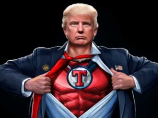 Ilustração de uma pessoa em terno abrindo a camisa para revelar um "T" estilizado, semelhante a um super-herói.